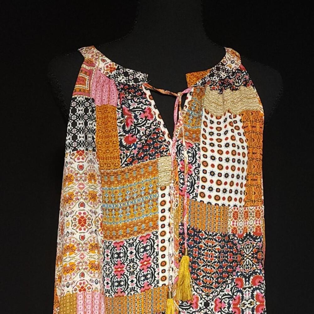 Rose + Olive XL Boho Patchwork Print Sleeveless Tassel Tie Tunic Top